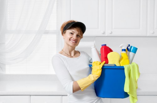 Technician cleaning oven racks and glass in Earlscourt home