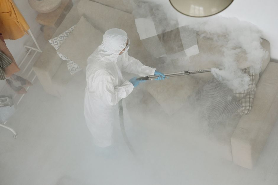 A professional cleaner dressed in white protective overalls, face mask, and gloves is performing surface cleaning on a black leather sofa in a well-lit living room. The cleaner appears to be focusing 